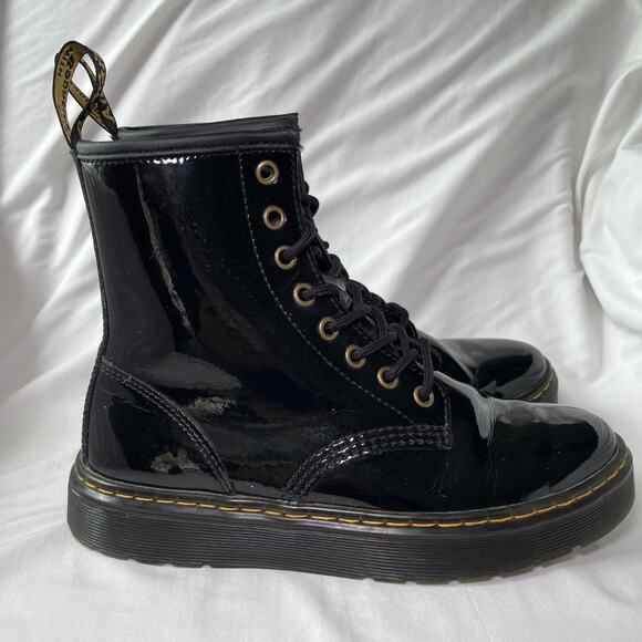 Dr Doc Martens Zavala 7 Men 6 Black Air Wair Smooth Leather Combat Boots Patent - Picture 1 of 14